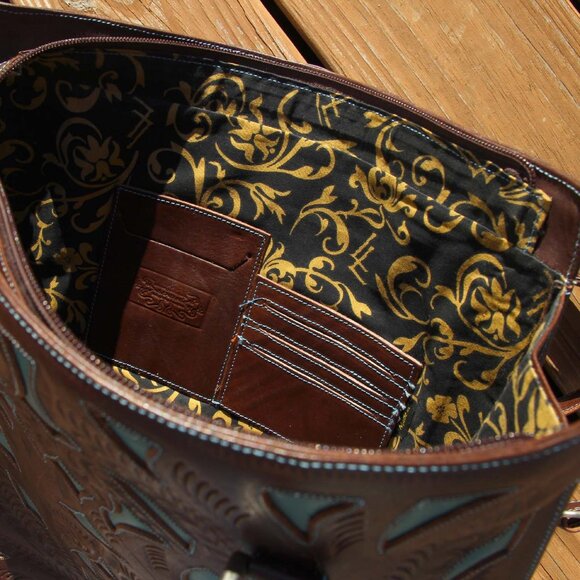JL Saldivar Cutout Tooled Leather Large Purse Tote Bag, Dark Brown & Turquoise - Picture 11 of 16